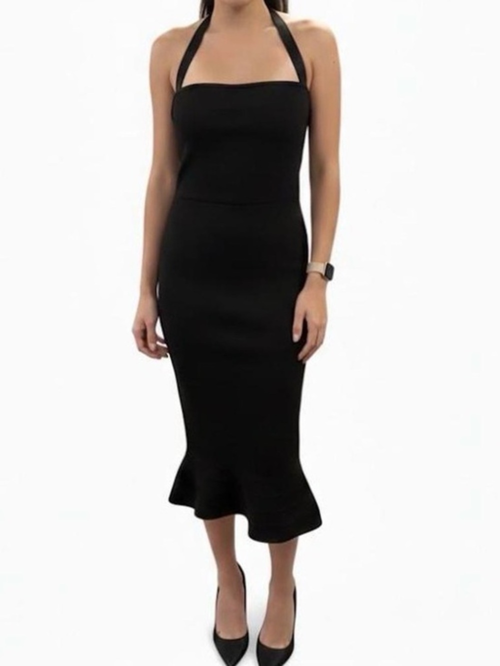 Black Bandage Bodycon Halter Neck Midi Dress Gold Zipper Ruffle Flounce Hem M